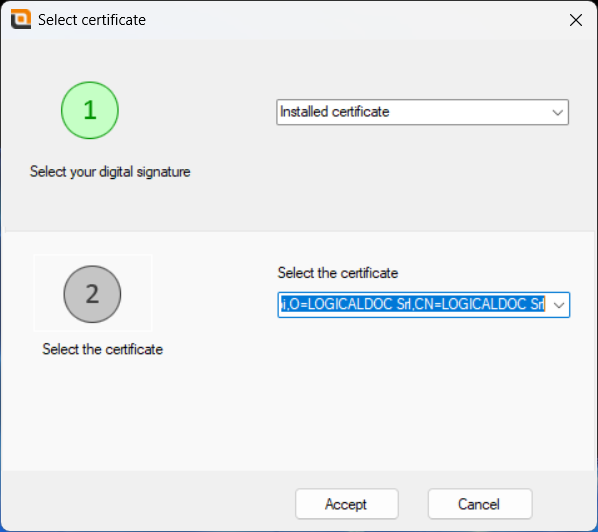 LogicalDOC Digital Signature Client certificate selection