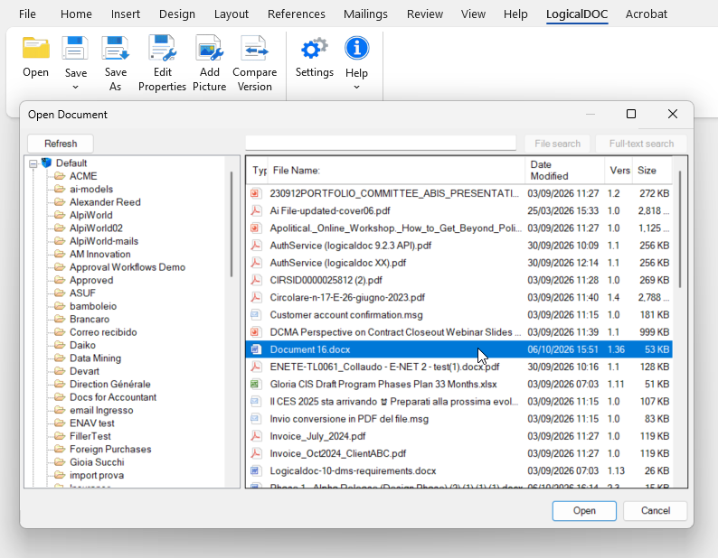 Explorador de documentos de LogicalDOC Office Add-in
