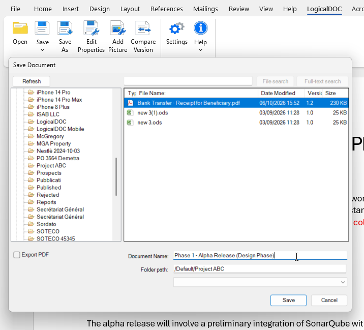 Ventana Save Document de LogicalDOC Office Add-in