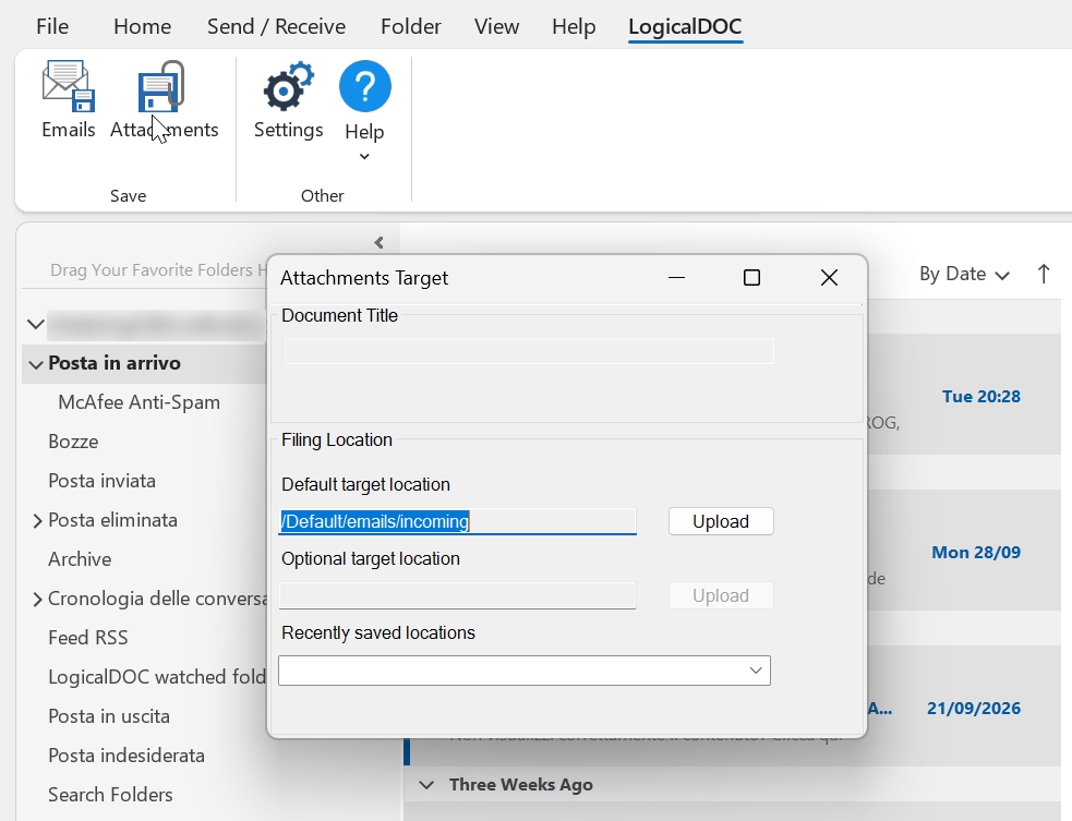 Complemento de LogicalDOC para Outlook - Destino de los archivos adjuntos