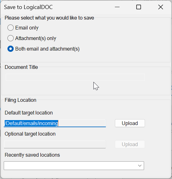 Complemento de LogicalDOC para Outlook: elige si deseas guardar el correo electrónico, los archivos adjuntos o ambos