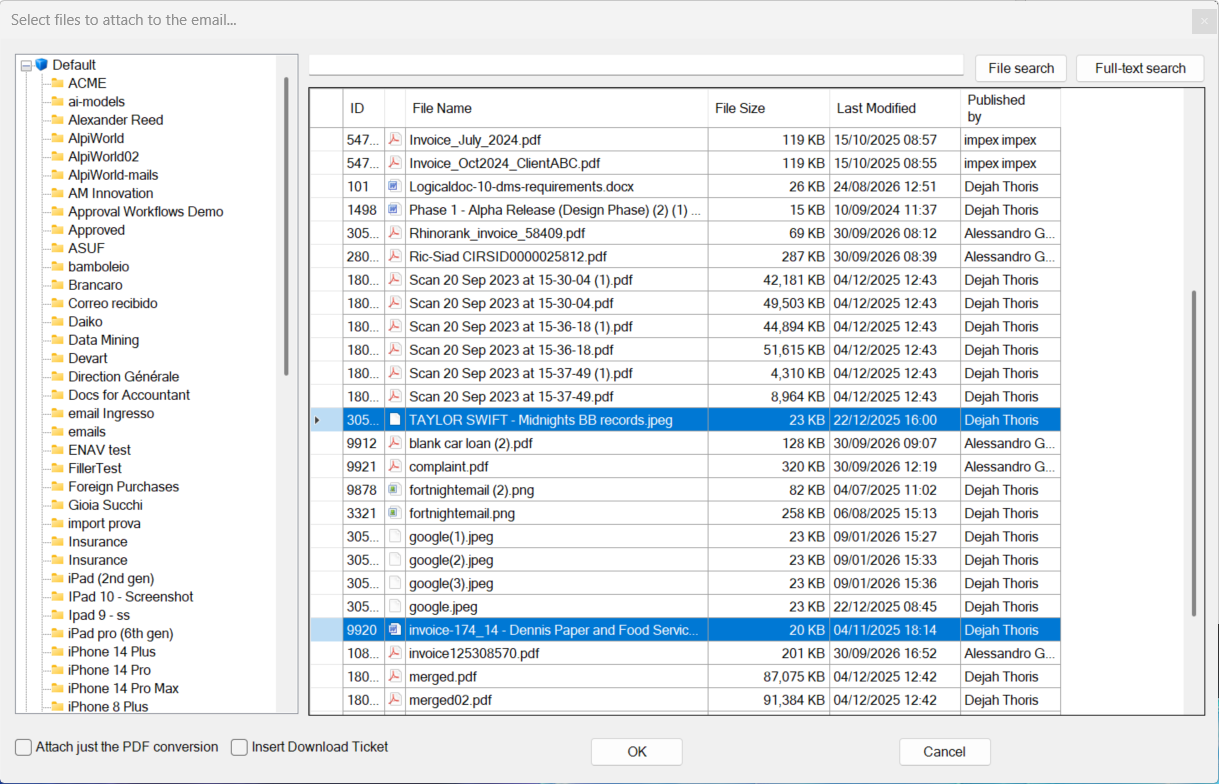 LogicalDOC document selection dialog in Outlook with folder tree, search options and multiple selected documents