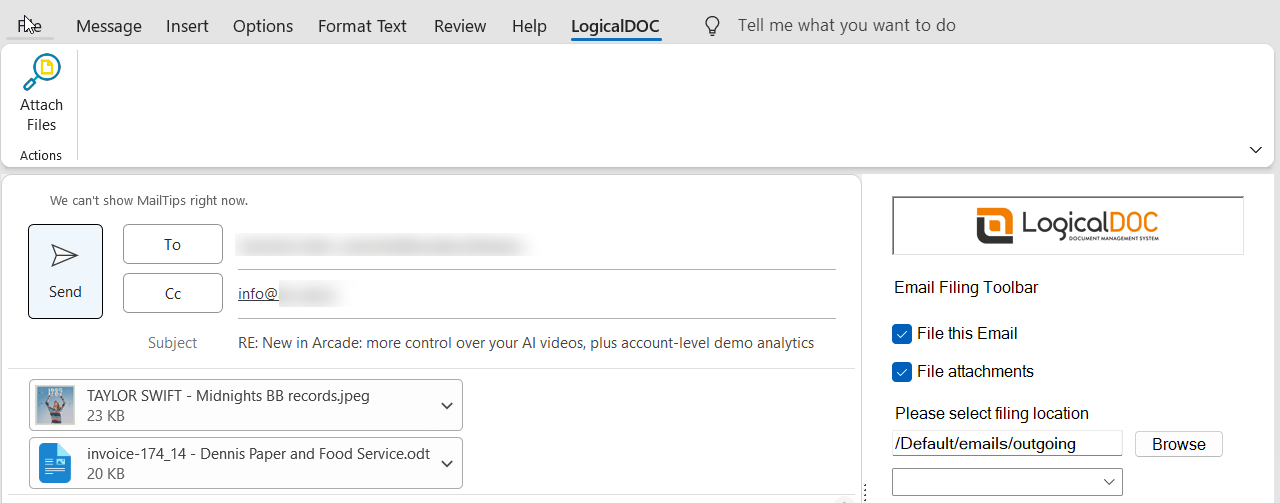 Outlook outgoing message with two documents from LogicalDOC added as email attachments