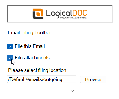 LogicalDOC Email Filing Toolbar in Outlook showing filing options and destination folder