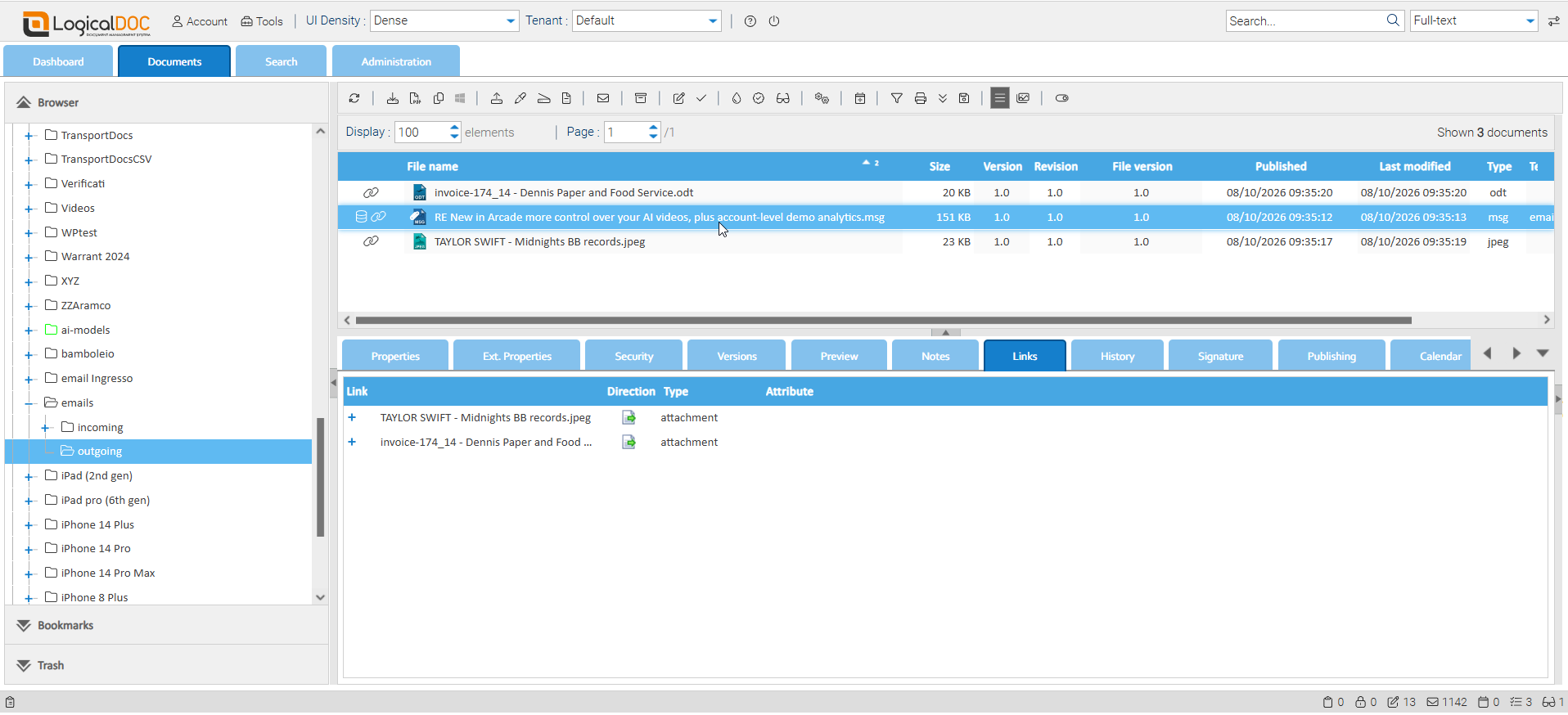 LogicalDOC outgoing folder containing an email message and two separately filed attachments, with their relationships displayed in the Links tab