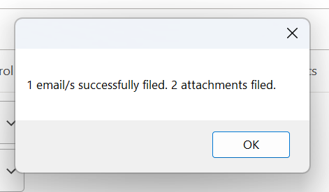 Outlook confirmation showing one email and two attachments successfully filed in LogicalDOC