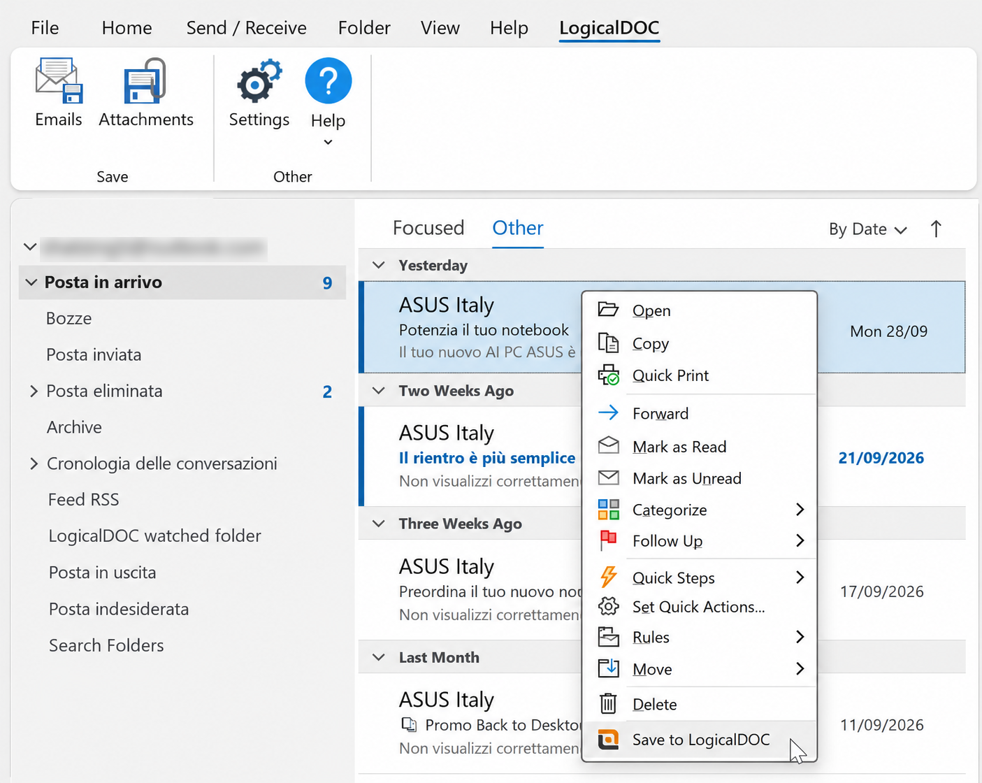 Comando «Guardar en LogicalDOC» en el menú contextual de Outlook